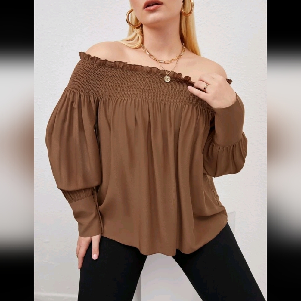 New! Brown Frill Trim Off Shoulder Shirred Lantern Sleeve Blouse 2XL/16 NWOT